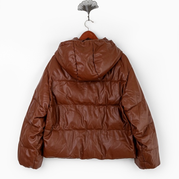 OOF WEAR Faux Leather Puffer Women's Jacket Hooded Brown $428 - Size 48 - US 12 - Picture 5 of 14
